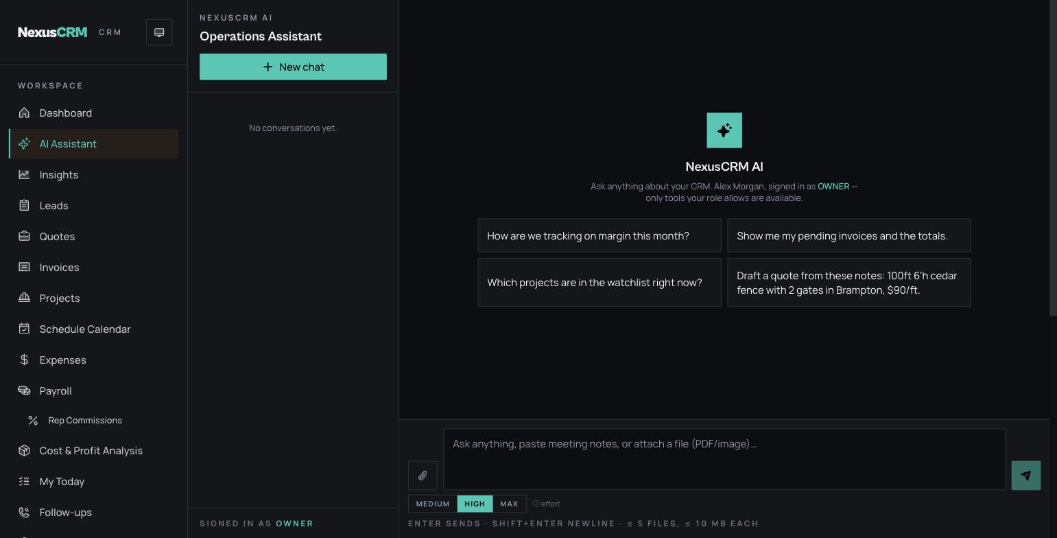 NexusCRM AI operations assistant with suggested prompts like drafting a quote from notes and checking monthly margin, with role-aware tools