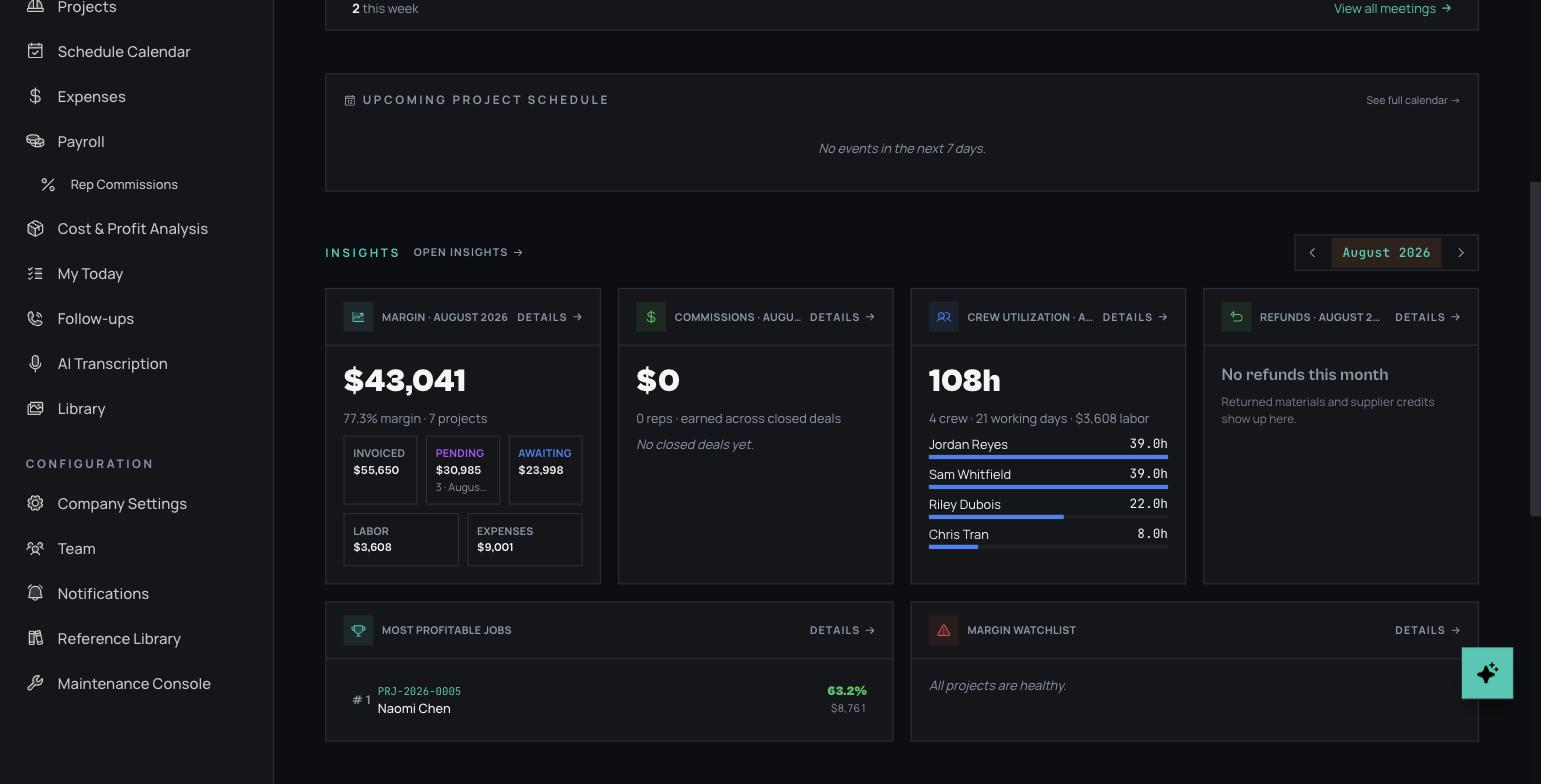 NexusCRM dashboard showing $43,041 margin at 77.3% across 7 projects, invoiced and pending totals, crew utilization hours per crew member, and most profitable jobs