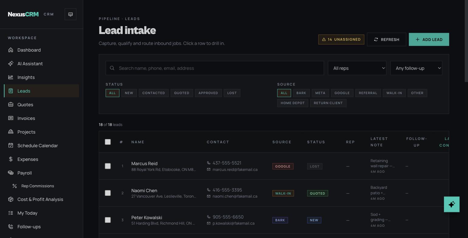 NexusCRM lead intake screen with 18 leads filtered by status and source, follow-up tracking and unassigned-lead alert