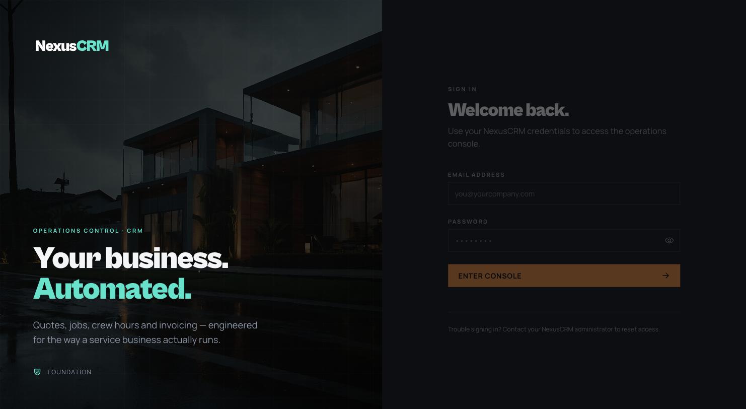 NexusCRM sign-in screen with the tagline Your business Automated