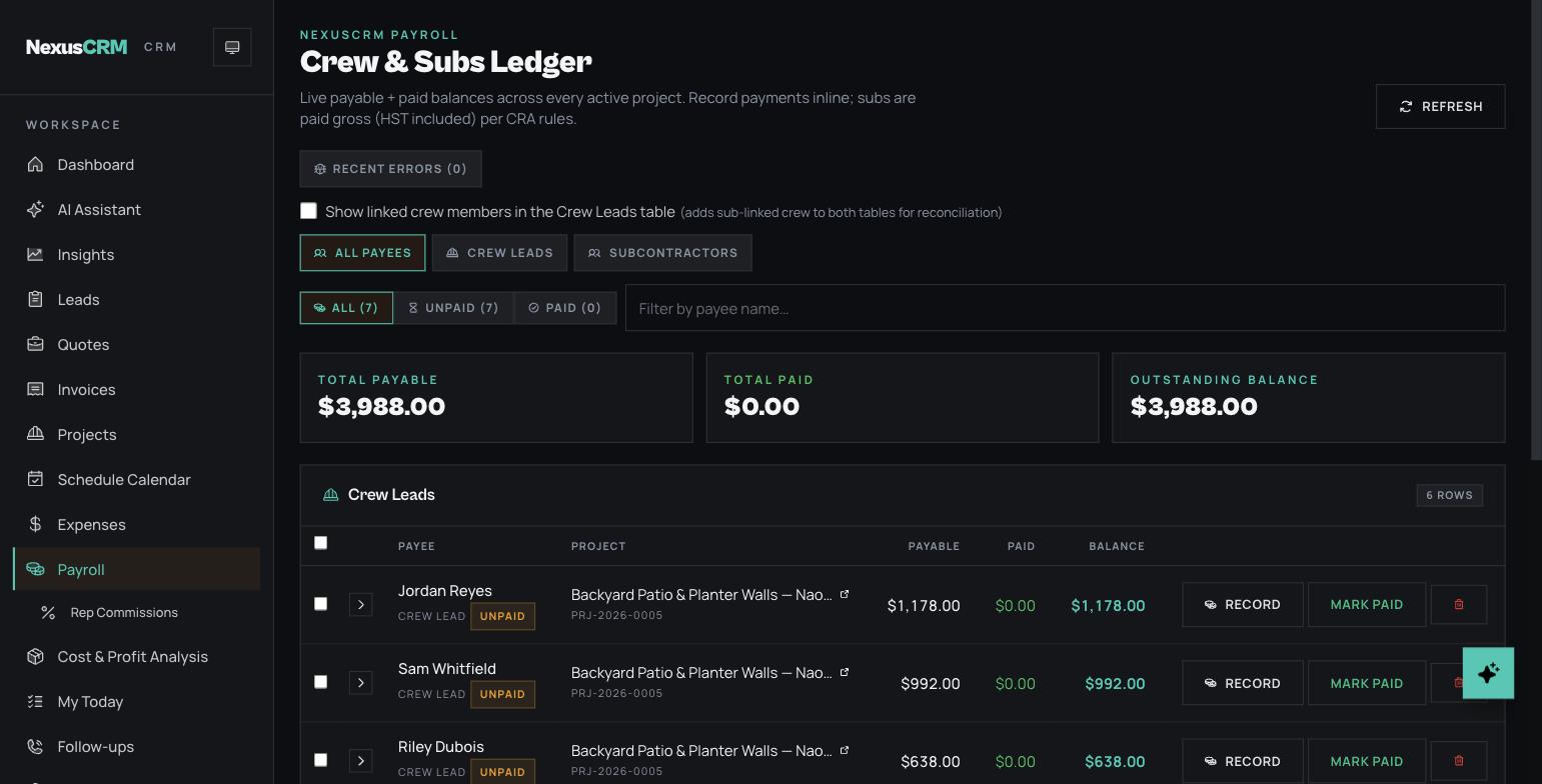 NexusCRM crew and subcontractor payroll ledger with payable, paid and balance per crew member per project