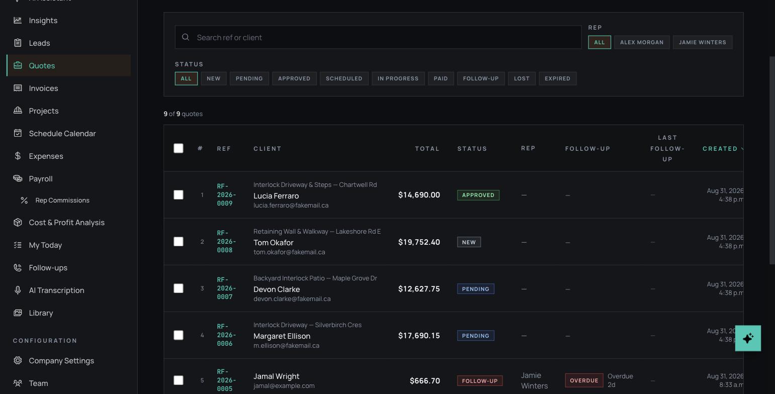 NexusCRM quotes list showing approved, pending and overdue follow-up quotes with dollar totals and rep assignment