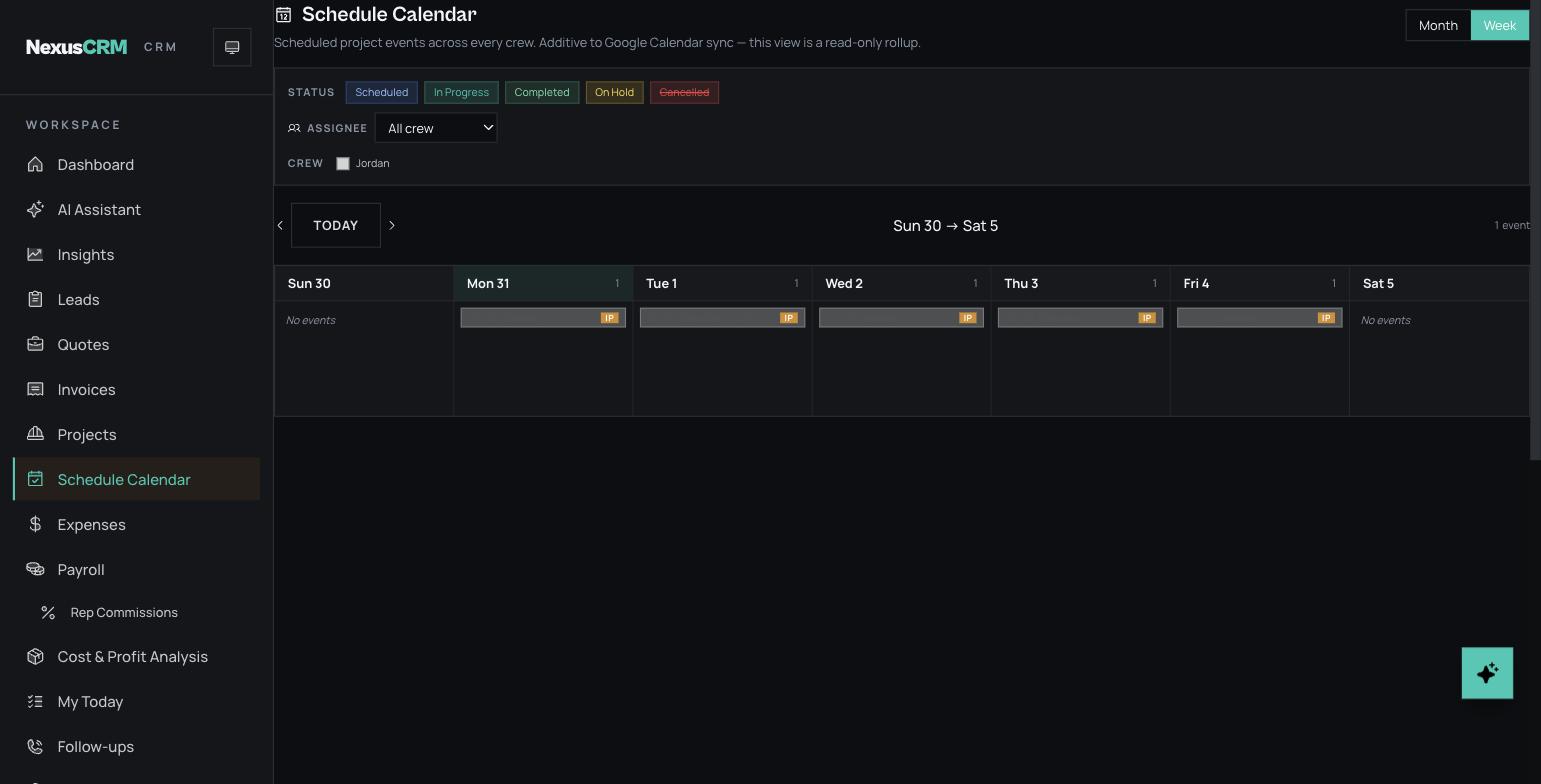 NexusCRM schedule calendar week view with project events per day, status filters and crew filter, synced to Google Calendar